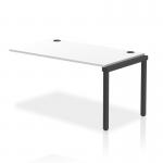 A sleek, modern office setup. The Dynamic Bench Desk Add On Units feature a sturdy black frame and white bench desk, adding extra space for single row extension. Perfect for a professional and functional workspace.