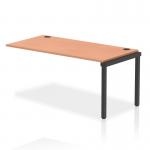 A sleek and modern black-framed bench desk featuring add-on units and a single row extension kit. The desk is made of beech wood and exudes a dynamic and professional look, perfect for any office space.
