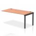 A sleek and modern black-framed bench desk featuring add-on units and a single row extension kit. The desk is made of beech wood and exudes a dynamic and professional look, perfect for any office space.