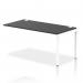 The photograph features a sleek, modern bench desk with add-on units, part of the Impulse Bench Single Row Ext Kit. The white frame and black desk surface create a clean and professional look for any office space.
