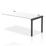 This photo shows a row of white bench desks with a black frame. Attached are add-on units and an extension kit, creating a dynamic and versatile work space.