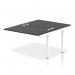 The photograph shows a white-framed, dynamic bench desk with add-on units and an impulse bench B2B ext kit. The desk is designed for use in an office setting and has a sleek and modern look with a black finish.