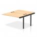 The picture showcases a stylish and modern bench desk with sleek black frame and a vibrant maple desk surface. The desk comes with dynamic add on units, making it perfect for office spaces.