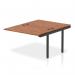 A sleek and modern office desk setup, featuring add-on units and an extended kit for extra workspace. The black frame contrasts beautifully with the warm walnut finish, creating a dynamic and professional look.