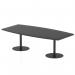 The photograph captures a sleek and sophisticated poseur table from Italia, standing at 2400mm in length with a glossy black tabletop and matching 725mm high black legs. Its dynamic design exudes elegance and modernity.