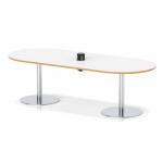 Italia Volta 2400mm Poseur Boardroom Table With Pop-up Power Module White Top Natural Wood Edge 720mm High Silver Leg ITL1189