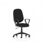 This image features a modern, sleek black desk chair with loop arms. It has a dynamic design, with a curved backrest and an ergonomic lever for adjustable comfort. Perfect for any office setting.