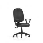 This image showcases a sleek, modern desk chair, with loop arms and black bonded leather upholstery. The Eclipse Plus II Lever Task Operator Chair exudes an air of sophistication and efficiency, making it a great addition to any dynamic workspace.