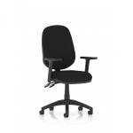 The photo captures a sleek black Dynamic General Desk Chair Eclipse Plus II Lever Task Operator Chair with height-adjustable arms. The ergonomic design and sturdy base exude a sense of functionality and professionalism, making it a great addition to any office space. The subtle curves and clean lines of the chair provide a stylish touch to any working environment. With its advanced features and modern aesthetics, this chair is a perfect blend of comfort and functionality.