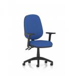 The photograph shows a modern and sleek black desk chair with adjustable arms. Its dynamic design and comfortable cushion make for an ideal task operator chair. The bright blue accents add a pop of color to any office space.