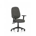 A sleek and modern desk chair, the Dynamic General Eclipse Plus II features a lever for adjustable task height and comfortable arms, all in a stylish charcoal color.