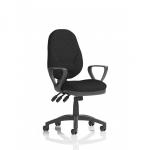 This image features a sleek and modern Dynamic General Desk Chair Eclipse Plus XL with a lever for adjusting the seat height. The black chair includes loop arms for added comfort and support.