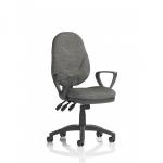 The photograph shows the sleek and modern design of the Dynamic General Desk Chairs Eclipse Plus XL Lever Task Operator Chair in charcoal. With loop arms and a sturdy frame, this chair offers comfort and support for long hours at the desk.