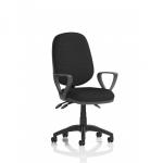 The photograph captures a modern office setting with sleek, black desk chairs featuring loop arms and adjustable levers. The chairs exude functionality and style, making them a great choice for any dynamic workspace.