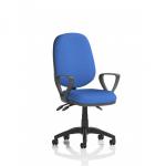 This picture features a modern and stylish Dynamic General Desk Chair in Eclipse Plus III design. It has a lever for task operation and sleek loop arms in a vibrant blue color. The chair exudes comfort and functionality, perfect for any workspace.