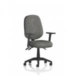 This picture features a modern, sleek desk chair with a dynamic design. The Eclipse Plus III Lever Task Operator Chair has height adjustable arms and comes in a charcoal color. It would look great in any office setting.