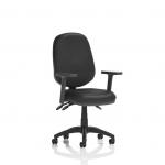 The picture shows a sleek black bonded leather desk chair with adjustable arms and a lever for height adjustment. The chair features a dynamic design and is perfect for a modern office space.