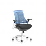 This photograph features a dynamic mesh back chair with a white frame, a black fabric seat, and a blue back. The chair is perfect for a modern office setting and allows for comfortable and flexible seating during long working hours.