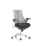 This image features a sleek and modern white-framed operator chair with a flexible mesh back for added comfort. The black fabric seat and grey back create a stylish contrast, making it a functional and aesthetic addition to any workspace.