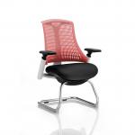 Flex Cantilever Chair White Frame Black Fabric Seat Red Back With Arms KC0069