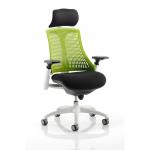Flex Task Operator Chair White Frame Black Fabric Seat With Green Back With Arms With Headrest KC0090