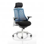 Flex Task Operator Chair White Frame Black Fabric Seat With Blue Back With Arms With Headrest KC0092