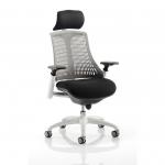 Flex Task Operator Chair White Frame Black Fabric Seat With Grey Back With Arms With Headrest KC0093