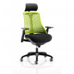 Flex Task Operator Chair Black Frame Black Fabric Seat With Headrest Green Back KC0106