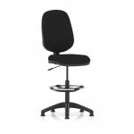 The photo shows a sleek, modern black office chair with a high rise draughtsman kit attached. Its ergonomic design and lever mechanism make it ideal for long days at work. The chair features dynamic lines and superior construction, providing both style and comfort.