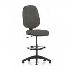 The picture showcases a set of ergonomic, modern Draughtsmans chairs with a sleek Eclipse Plus design. The Lever Task Operator Chair features a high rise Draughtsman Kit and is shown in a stylish charcoal color. The chairs are adjustable and provide comfortable seating for office work.