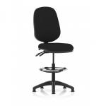 A photo of the Dynamic Draughtsmans Chairs Eclipse Plus II Lever Task Operator Chair With High Rise Draughtsman Kit shows a sleek black chair with adjustable features, including a high-rise kit, perfect for any task. The ergonomic design and modern style make it a versatile addition to any workspace.