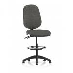 The image shows a set of modern and versatile office chairs in charcoal color. The chairs have a functional lever for adjustable height and they come with a high rise kit for additional comfort. The design is sleek and perfect for a dynamic workspace.