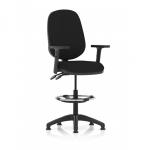 In the image, there is an Eclipse Plus II Lever Task Operator Chair in black with a High Rise Draughtsman Kit attached. Its arms are height adjustable, making it suitable for use as a drafting or drawing chair. The chair has a dynamic and modern design, with sleek lines and a comfortable seat.