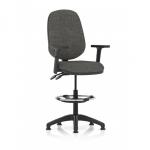 The photograph features a sleek and modern Dynamic Draughtsmans Chair Eclipse Plus II in charcoal color with a lever task operator set-up and a high rise draughtsman kit. The chair also has height adjustable arms, providing comfortable support for the user.
