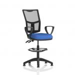 The picture shows two sleek black chairs with mesh backs and comfortable loop arms. The chairs have a lever for adjustable height and come with a high rise draughtsman kit. The overall design is modern and dynamic, making it suitable for a variety of work or study environments.