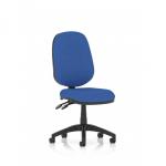 The image shows a modern and ergonomic desk chair in a vibrant shade of blue. The chair is designed to provide good support and features a lever for adjusting the height and tilt. With its sleek and dynamic appearance, it would make a great addition to any office space.