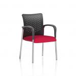 In this photograph, a stylish and modern Dynamic Visitors Academy Visitor is featured. The person is seen seated on a nylon back chair with a bespoke color seat in Bergamot Cherry. The overall aesthetic is sleek and contemporary, perfect for any professional setting.