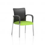 A picture of a dynamic visitor at the Dynamic Visitors Academy. The visitor is sitting on a chair with arms, made of nylon, and a bespoke colour seat in myrrh green. Code KCUP0002.