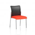 In the photo, a person visits the Dynamic Visitors Academy, sitting on a unique, custom-made chair with a bright orange seat. The chair is designed with no arms and has a durable nylon back.
