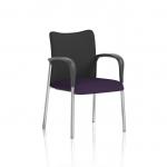 In this photo, a visitor at the Dynamic Visitors Academy is seen sitting on a black fabric back chair with a bespoke color seat in tansy purple. Their arms are resting on the armrests as they engage in learning or exploring at the academy.