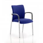 In this image, we see a dynamic visitor at the Visitors Academy with their arms stretched out, sitting on a bespoke coloured back and seat. The vibrant Stevia Blue hue adds a pop of color to the scene. The visitor appears engaged and attentive during their visit.