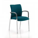 In the image, a visitor of the Dynamic Visitors Academy stands tall with outstretched arms, showcasing the stylish and comfortable Bespoke Colour Back and Seat in Maringa Teal. The vibrant hue adds a pop of color to the environment, making the visitor feel confident and energized.