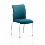 This image captures a visitor at the Dynamic Visitors Academy. They are sitting in a bespoke colour back and seat chair, with vibrant Maringa Teal fabric. The visitor does not have arms, and is fully immersed in the learning experience. KCUP0055 can be seen labeled on the chair.