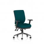 The image shows a ergonomic chair with a medium back featuring dynamic posture seating and height adjustable arms. It has a bespoke back and seat in maringa teal color. The chair is designed for optimal comfort and support while maintaining good posture.