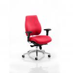 The photograph showcases a vibrant and unique Dynamic Posture Seating Chiro Plus with a Bespoke Colour back and seat in Bergamot Cherry. The chair oozes style and comfort, with its sleek design and ergonomic features. Perfect for any modern office or home setting.