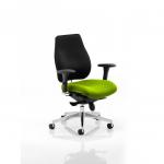 A photo of the Dynamic Posture Seating Chiro Plus with a bespoke colour seat in Myrrh Green showcases a sleek and modern office chair. The ergonomic design and adjustable features create a comfortable and professional seating option. The vibrant green color adds a pop of personality to any workspace.