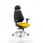 In this photograph, we see a vibrant Senna Yellow Dynamic Posture Seating Chiro Plus Ultimate Bespoke Colour Seat. Its ergonomic design and dynamic features make it perfect for long hours of comfortable sitting.