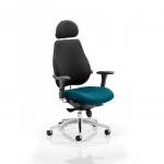 The image shows a sleek and stylish Dynamic Posture Seating Chiro Plus in the vibrant color of Maringa Teal. The seat is customized to perfection, adding a touch of elegance to any space.