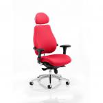 The photograph shows the Dynamic Posture Seating Chiro Plus Ultimate, with a bespoke colour back and seat in bergamot cherry. The ergonomic chair features a modern design and sleek lines, with adjustable settings for optimal comfort and support.