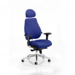 The image features the ergonomically designed Dynamic Posture Seating Chiro Plus with a bespoke Stevia Blue back and seat, providing ultimate comfort and support.